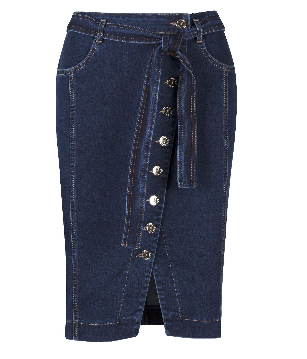 Cotton denim skirt with diagonal buttons and textile belt  0